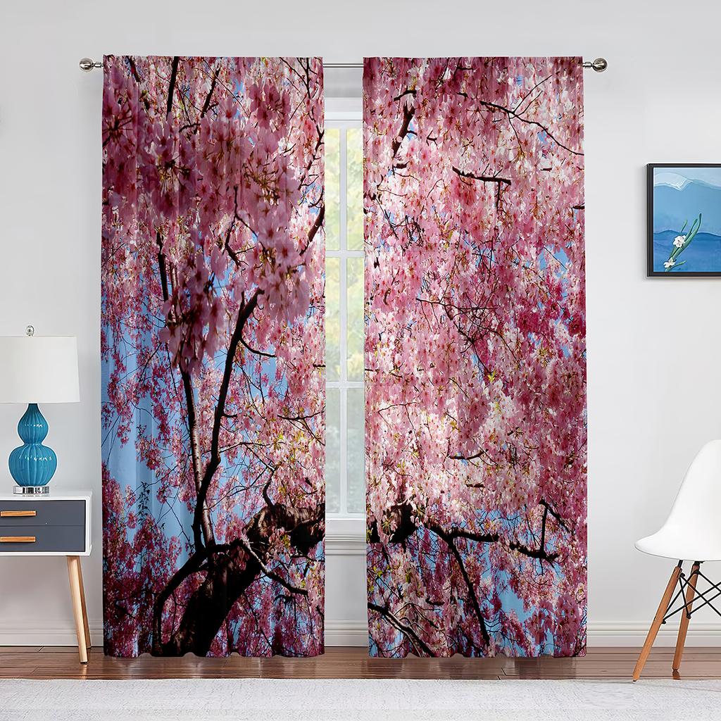 Cherry Blossom Flowers Pink Floral Tulle Curtains for Living Room Bedroom Decoration Modern Chiffon Sheer Voile Kitchen Curtain