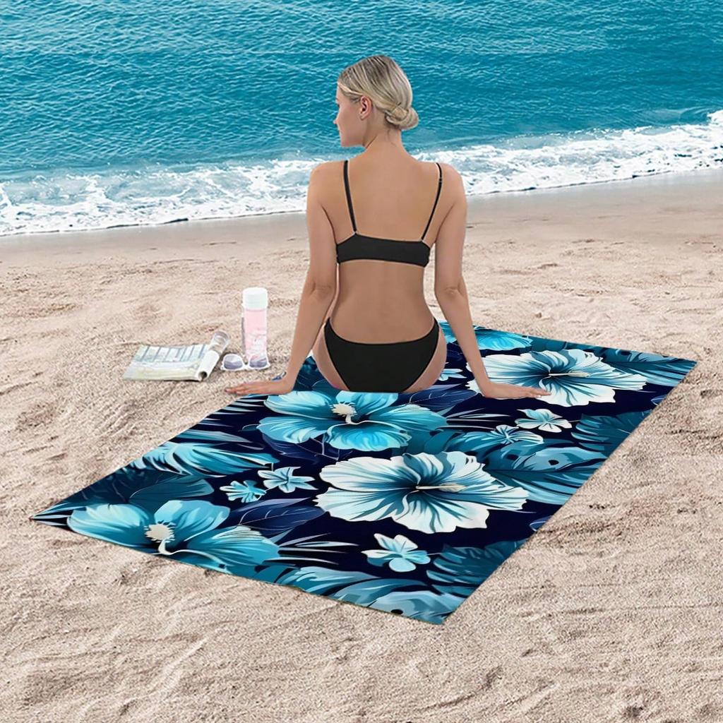1pc Tropical Blue Hibiscus Flower Print Quick Dry Lightweight Breathable Comfortable Beach Towel for Summer Pool and Outdoor