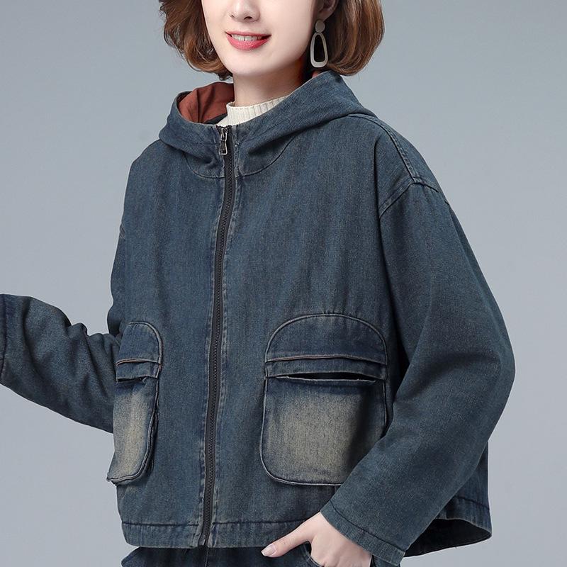 

Осенне-зимняя джинсовая куртка на флисовой подкладке для женщин 40-50 лет M for up to 120 jins джинсовый синий