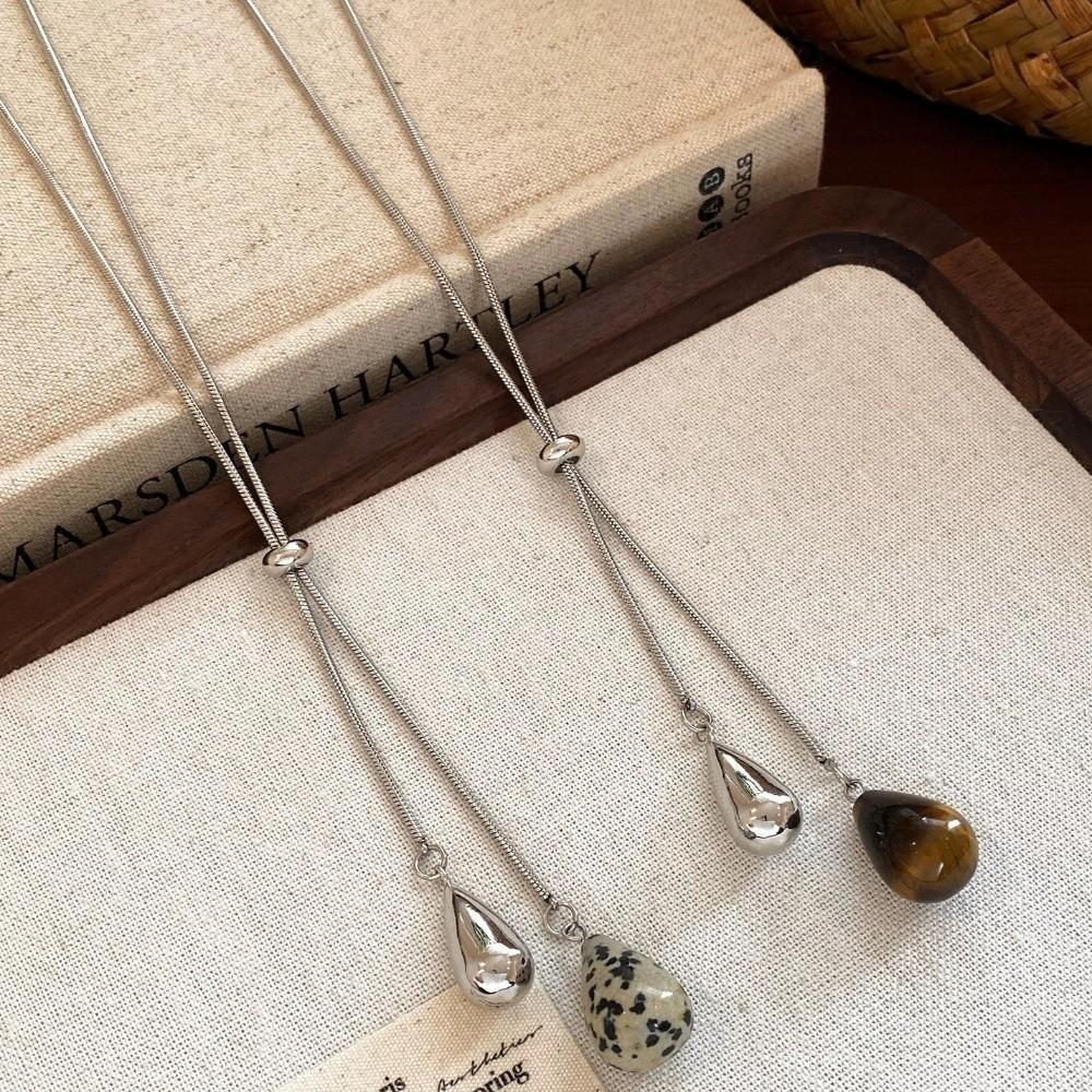 Tigerauge Stein Pulloverkette Titanstahl Anhänger Halskette Einfache Wassertropfenform Halskette