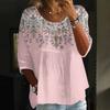 Women's Fashion Casual Three-quarter Sleeve Loose Round Neck Button Floral Print Top