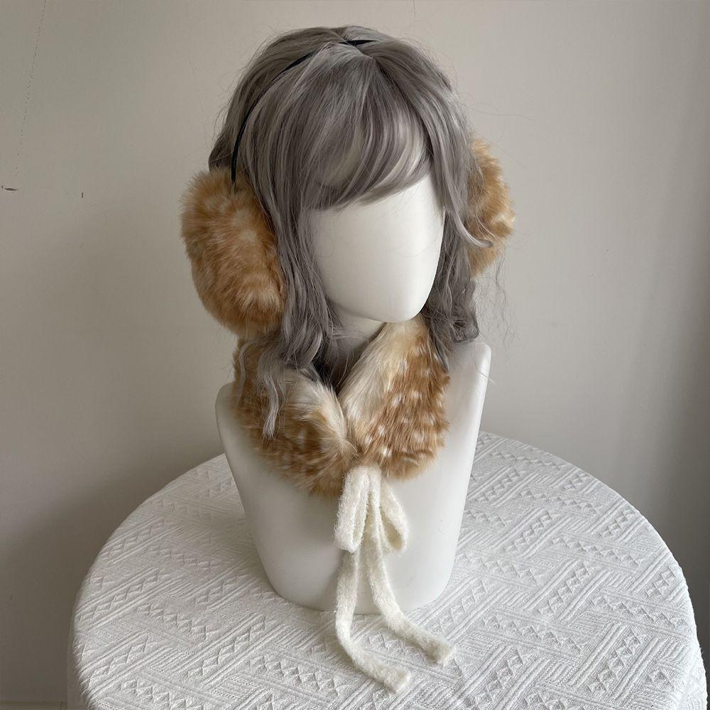 Adjustable Faux Fur Scarf Deer Print Ear Muffs New Plush Neck Warmer Women