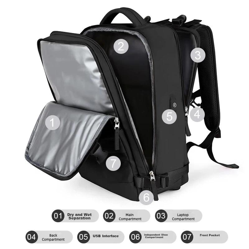 Landcase Large Capacity Travel Backpack, Laptop Bag, Luggage Bag, Shoulder Bag, Black