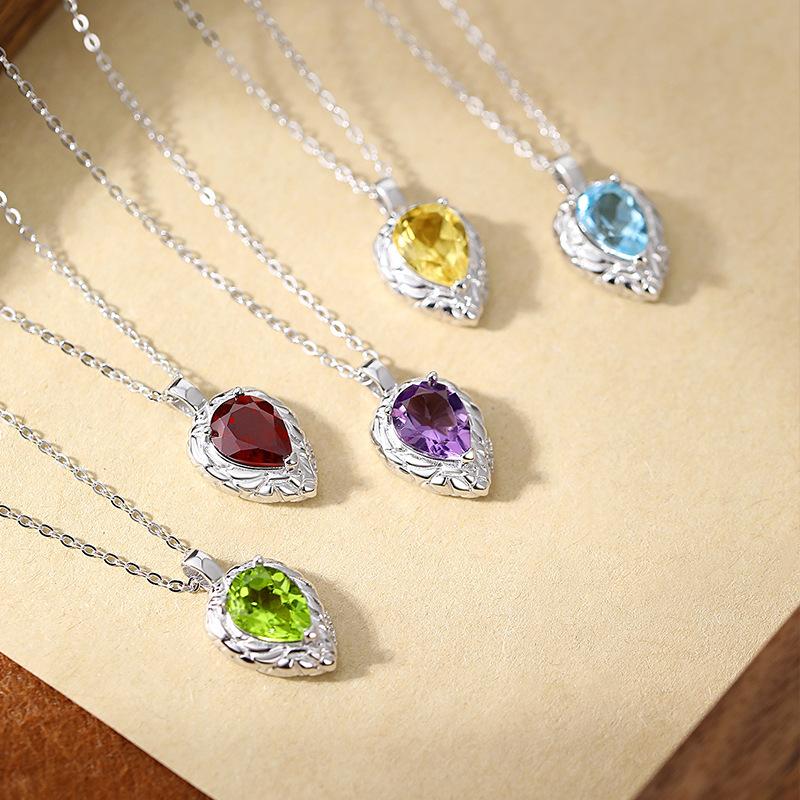 S925 Sterling Silver Pear-Shaped Natural Stone Necklace Women's High-End Exquisite Water Drop Collarbone Chain Jewelry