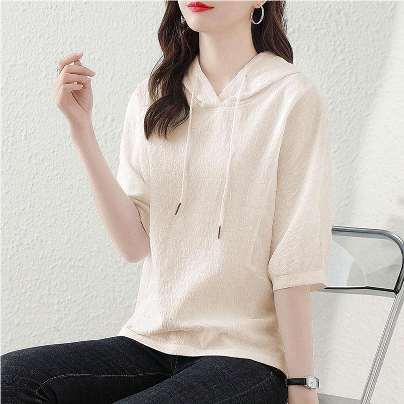 2024 Vară Minimalist Talie Înaltă Fantă Model Textură Larg Casual Sport Versatil Culoare Solidă Hanorac cu Glugă cu Mânecă Scurtă