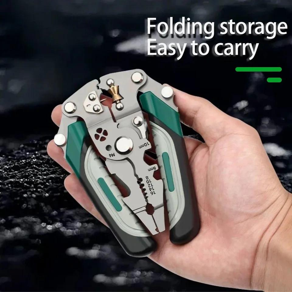 Foldable Multi-Function Wire Stripper Crimping Pliers Electrician Tool with Pulley Design Wire Winding and Cutting Features