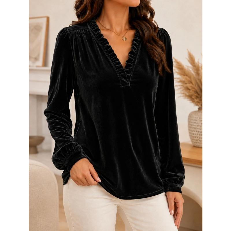 TIFICY Women's Fashion Casual Spring Autumn Solid Color Print Long Sleeve V-Neck Blouses & Shirts