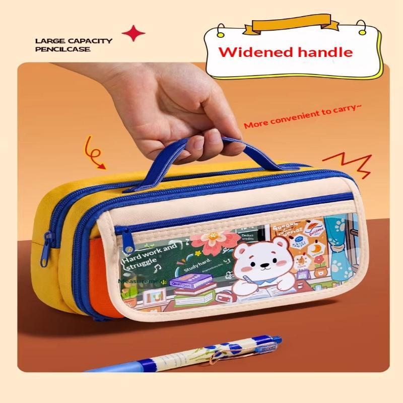 Large Capacity Transparent Pencil Case Cute Cartoon Bear Holds 40 Pens For Students School Use
