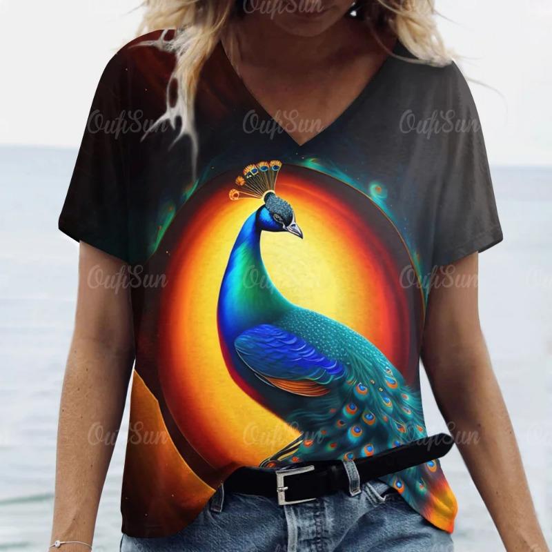 

Женская футболка с 3d принтом павлиньих перьев, повседневная мода, с коротким рукавом, эстетика, повседневные повседневные футболки с v-образным вырезом для женщин 5xl