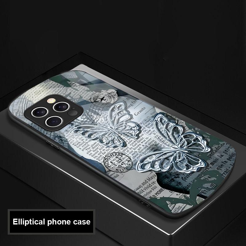 Vintage Butterfly For IPhone 16 Pro Max 15 Pro 14 13 12 Mini 11 XS Max XR 7 8 Plu SE 2022 Elliptical Glass Phone Case