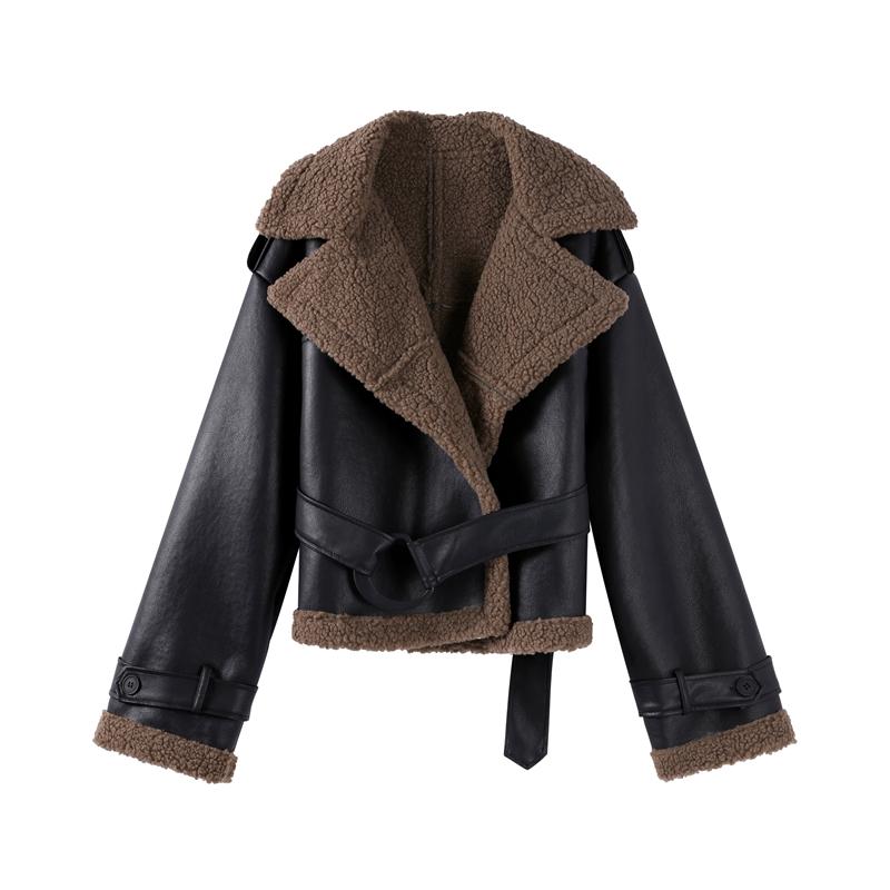 

Женская кожаная куртка в стиле пэчворк с поясом и воротником-стойкой, однотонное женское пальто из искусственной кожи, осенне-зимнее утолщенное теплое женское пальто S чёрный