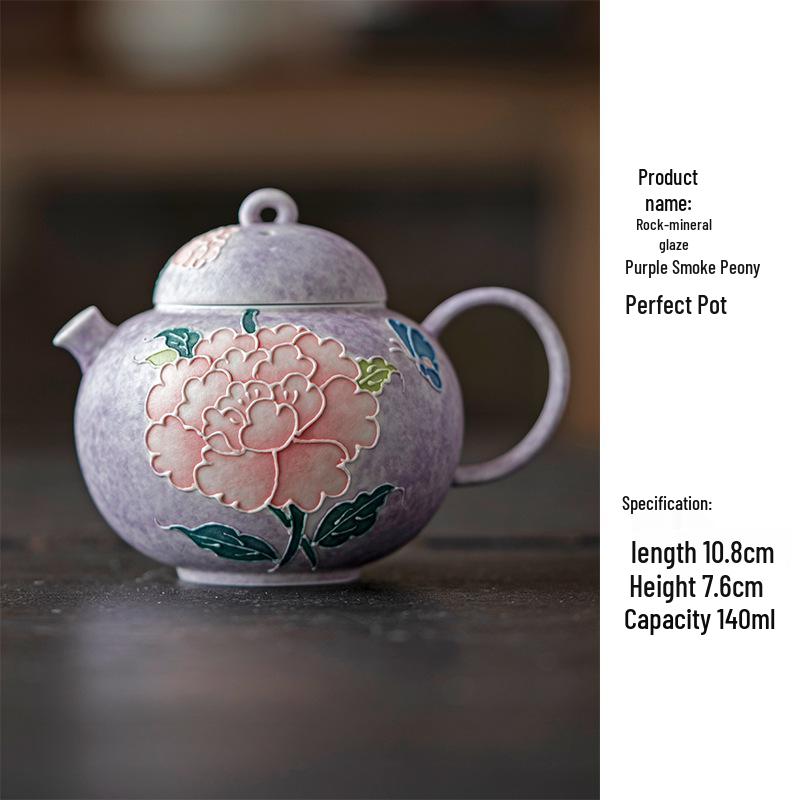 Hand-painted Peony Ceramic Tea Set: Purple Smoke Teapot, Lid Bowl, Master Cup, Tasting Cup, Pot Stand, Cup Mat, Coffee Cup