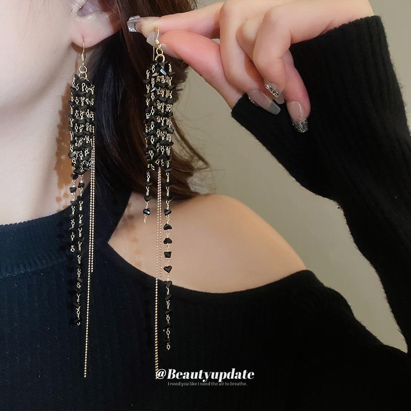 Super fairy glass bead fringed earrings fashion temperament personalized earrings niche exaggerated design earrings light luxury high sense