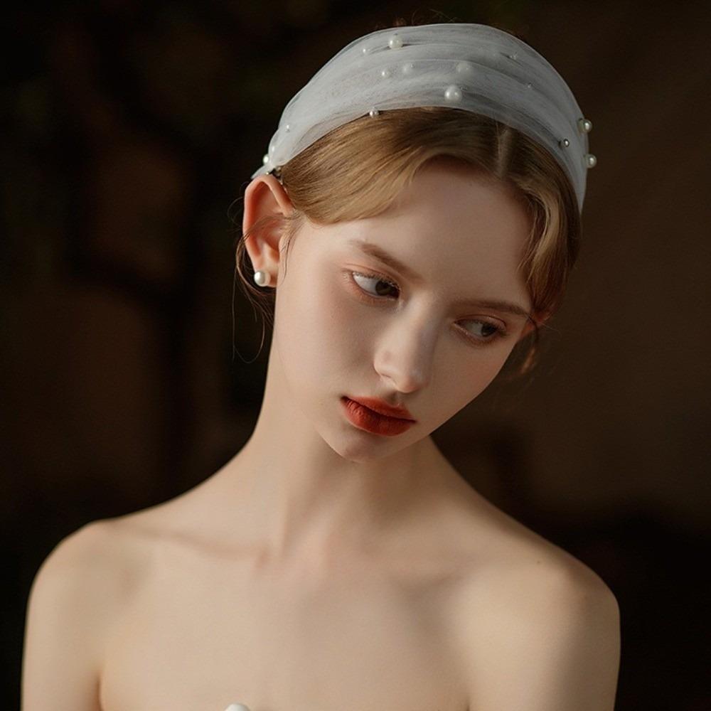 Hair Ornament Brides Beaded Hairband Pearl Ribbon Pearl Headband Elegant Detachable Bridal Veil