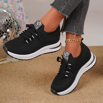Women's Casual Lace-up Shoes Summer New Style Heightening Anti-Slip Thick Heel Knitting Mesh Rubber Bottom Sneakers