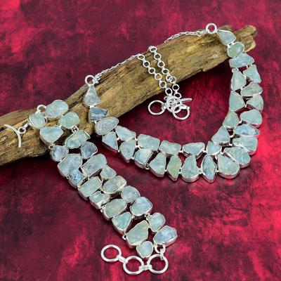 Σετ κοσμημάτων Rough Aquamarine Gemstone, 925 κολιέ & βραχιόλι κοσμήματα, χειροποίητο ασημένιο σετ κοσμημάτων για εκείνη, υπέροχα κοσμήματα