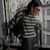 Autumn American Retro Striped Sweater Women's Collar Knit T-shirt Slimming Design Office Versatile Knitted Undercoat Top