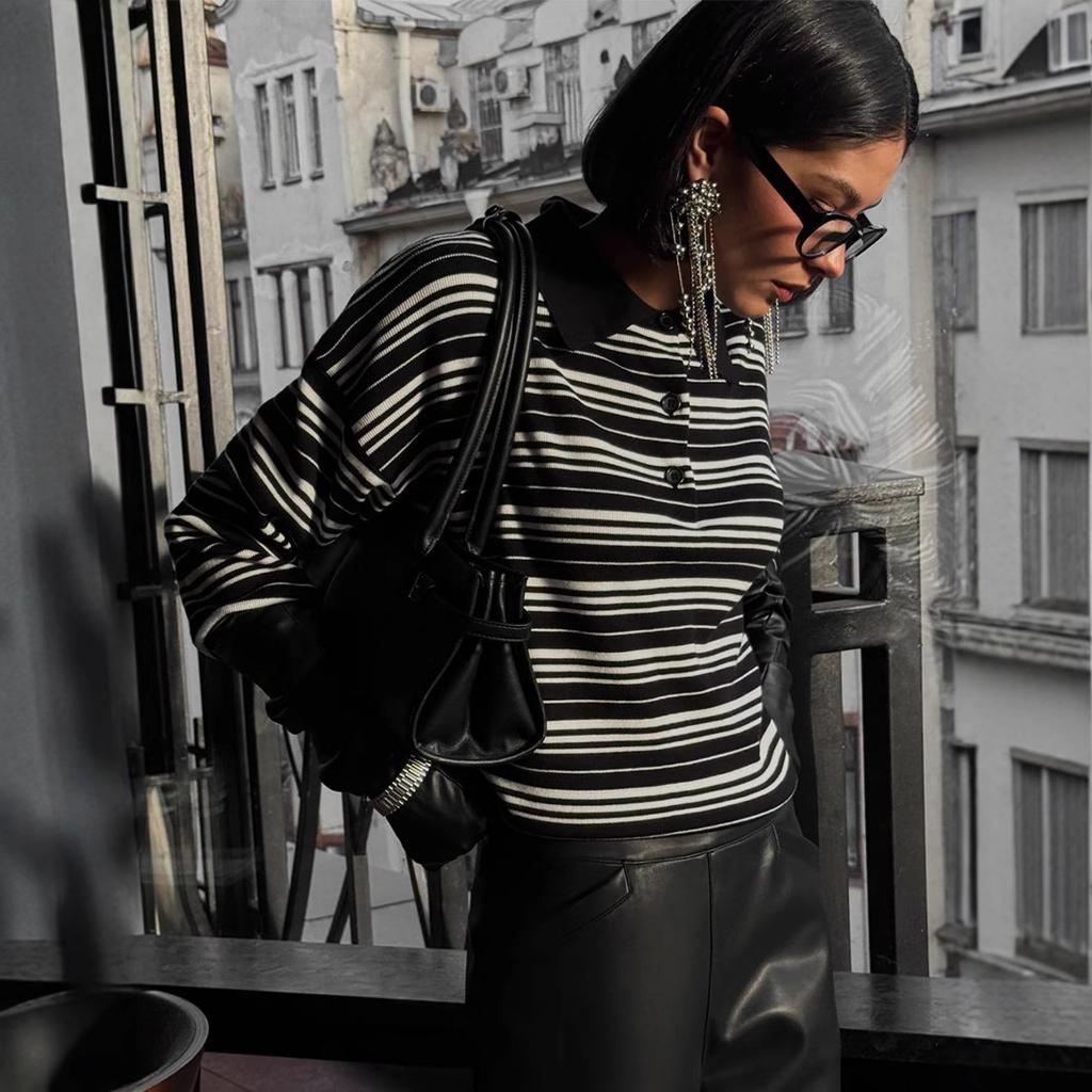 Autumn American Retro Striped Sweater Women's Collar Knit T-shirt Slimming Design Office Versatile Knitted Undercoat Top
