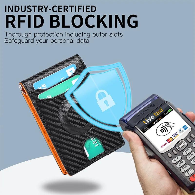 2025 Men's Airtag RFID Wallet Slim Money Clip Short Wallet Carbon Fiber Pattern Anti-Theft Change Purser for Daily/Travel Use