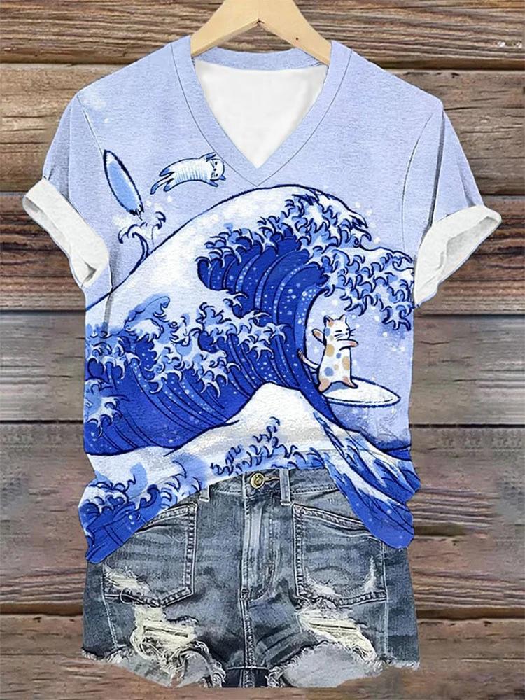 

Japanese style printed 3D digital printed women s T-shirt casual trend V-neck short sleeved shirt 3412 EMA 4XL