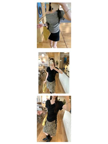 2026 Korean Style Lyocell Tencel Swing Neck Drawstring Short Sleeve Slim Fit Summer Top