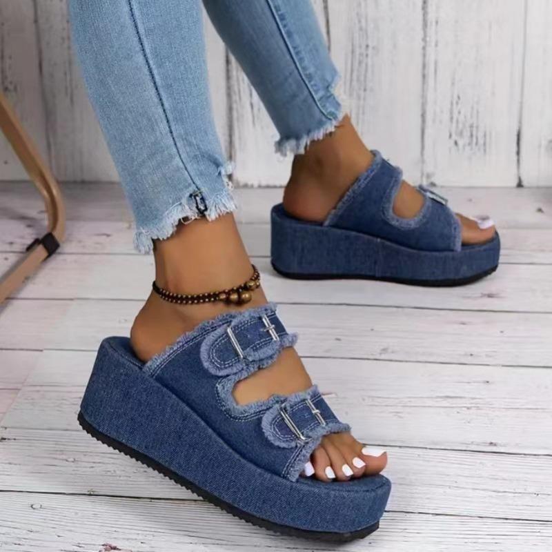 New Large-size Lame-heeled Denim Belt Buckle, One-pedal Cool Slippers, Women's Summer Wear Thick-soled Slippers