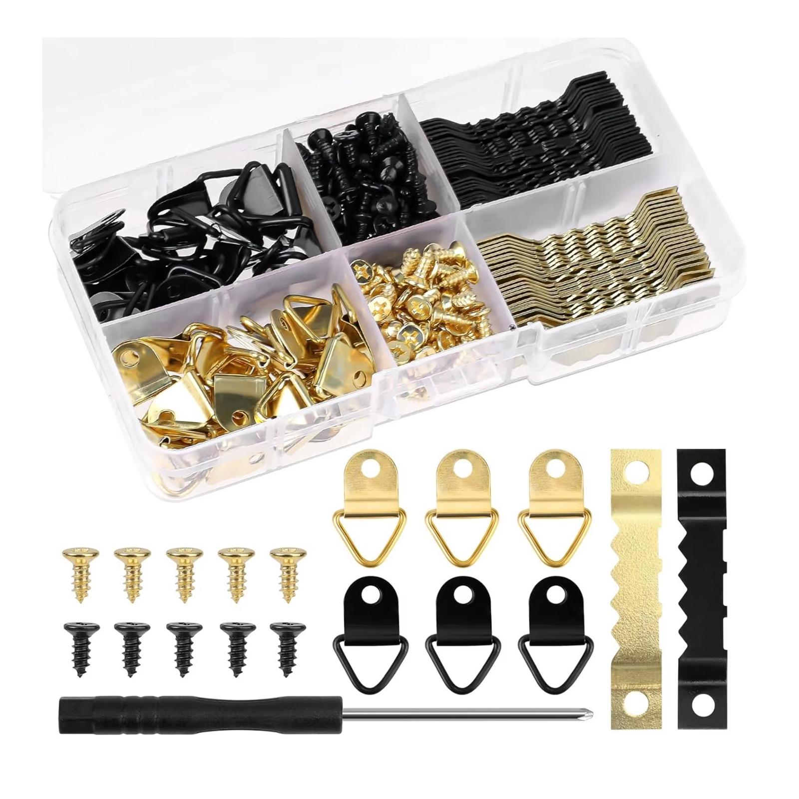 

251 Pcs Picture Hanging Kit - 50 Pcs Sawtooth Frames 50 Turn Buttons 150 Screws 1 Screwdriver for Hanging Photos Artwork One Size золотой