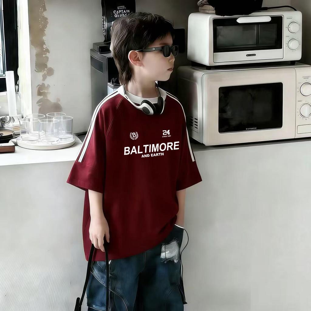 Summer Boys Cotton Short Sleeve T Shirt Medium Large Kids Three Stripes Sporty Half Sleeve Top Trendy Handsome Children Clothing