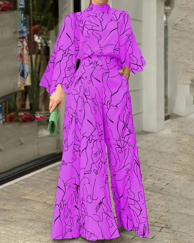 2026 Women's Elegant Waist-Cinching Long Sleeve Halter Jumpsuit with Lace-up and Print