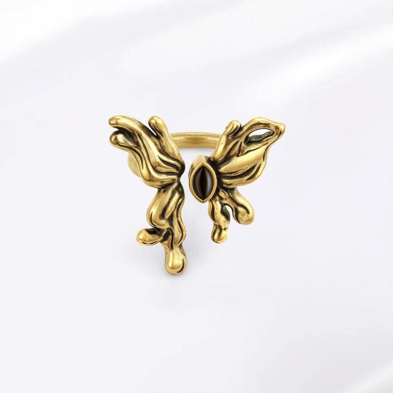 Sophisticated Black Agate Butterfly Ring For Women Unique Adjustable Copper Accessory Fashion