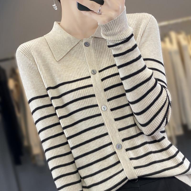 

Женский приталенный полосатый вязаный кардиган с воротником поло - свитер с длинным рукавом для осени/зимы 2023 Extra Large