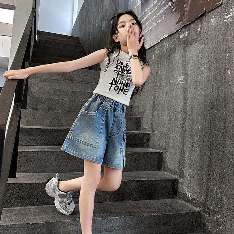 Summer Girls' Denim Shorts Cropped Pants Work Pants Versatile Jean Wide Leg Trendy Versatile Loose Pants for Children