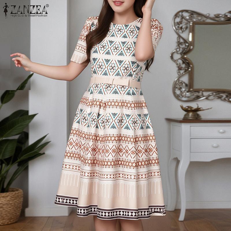 ZANZEA Women Casual Round Neck Short Sleeve Vintage Print Dress