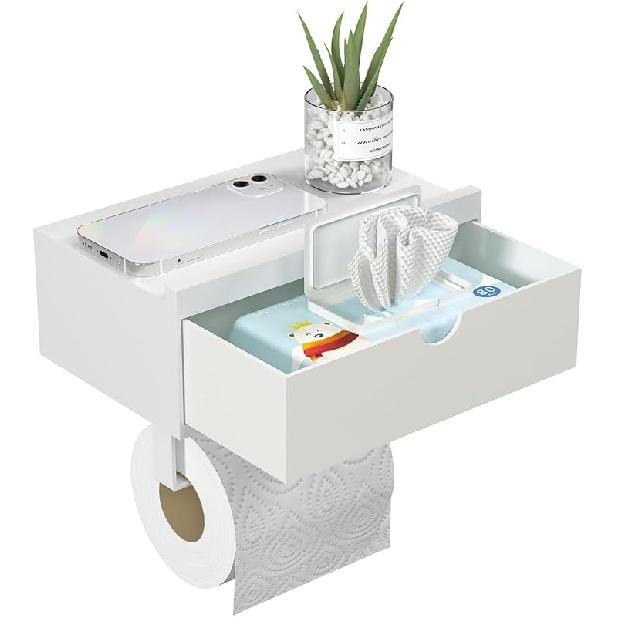 Domax White Toilet Paper Holder with Shelf,Wall Mount/Adhesive Bathroom Toilet Paper Holder,Bamboo Wood Tissue Toilet Roll Holder with Storage Drawer