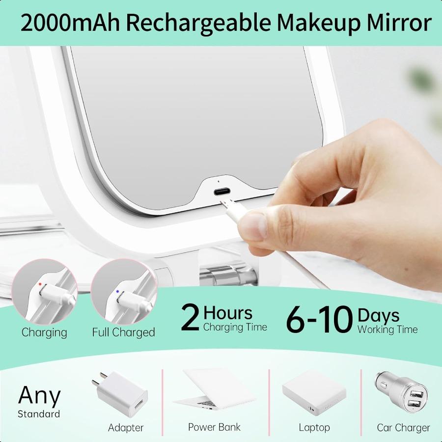 10X Magnification Rechargeable Travel Makeup Mirror 7 Lighted Portable Vanity Mirror with 3 Colors Lighting Stepl Dimming Doubl