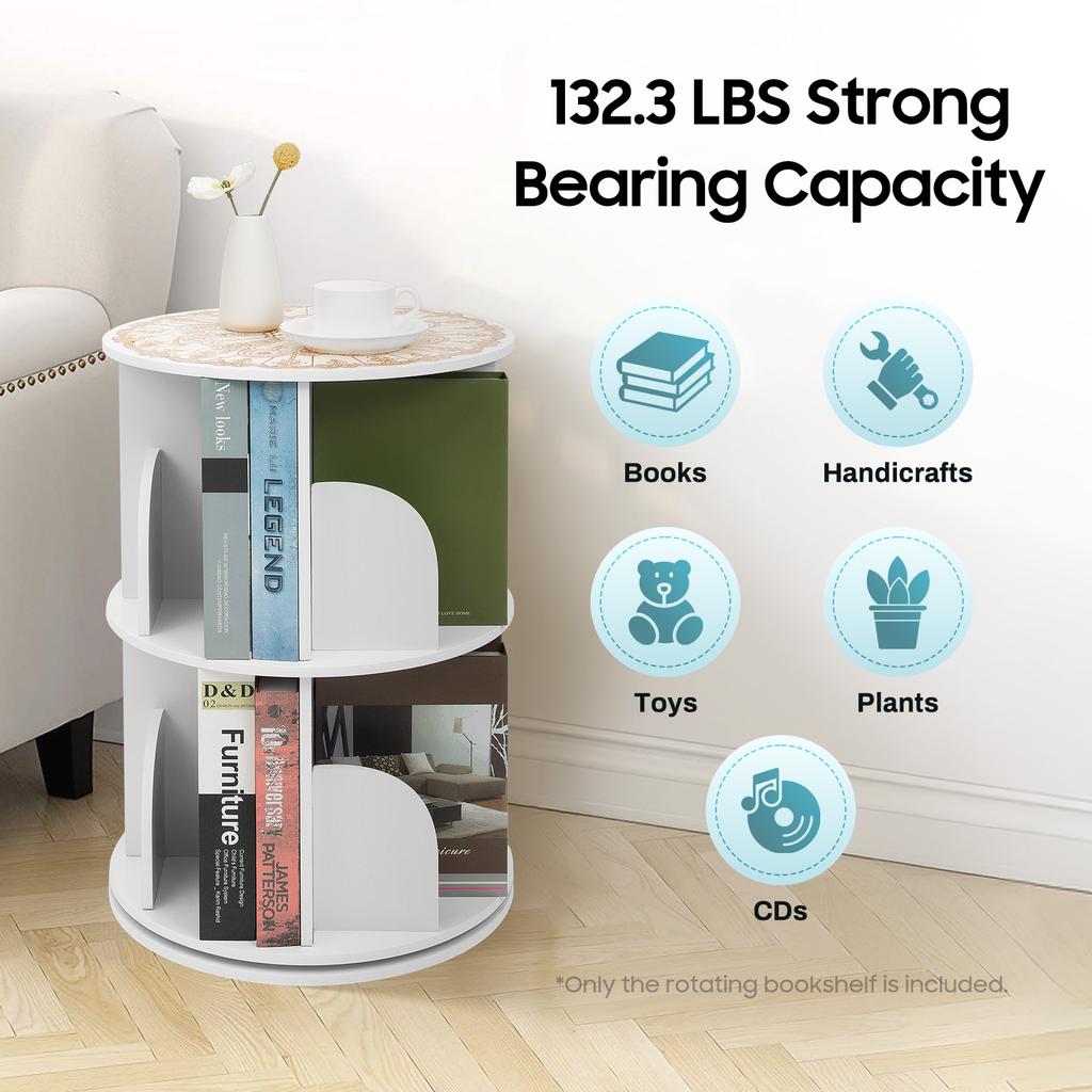 2 Tier Rotating Bookshelf 360 Display Bookcase White Bookshelf Organizer for Kids&Adults for Kids Room Bedroom Home Office