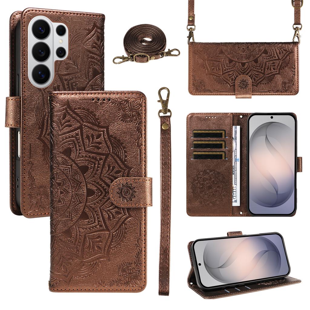 Crossbody Long Lanyard Cards Solt Datura Embossed Leather Case for Samsung S26 Ultra S25 S24 Plus S23 S22 A17 A07 A57 A37 Cover