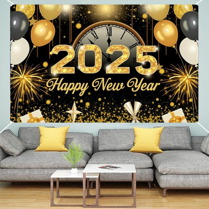 2025 New Year Theme Party Background Fireworks Golden Balloon Clock Banner Decoration Happy New Year Family Photo Supplies