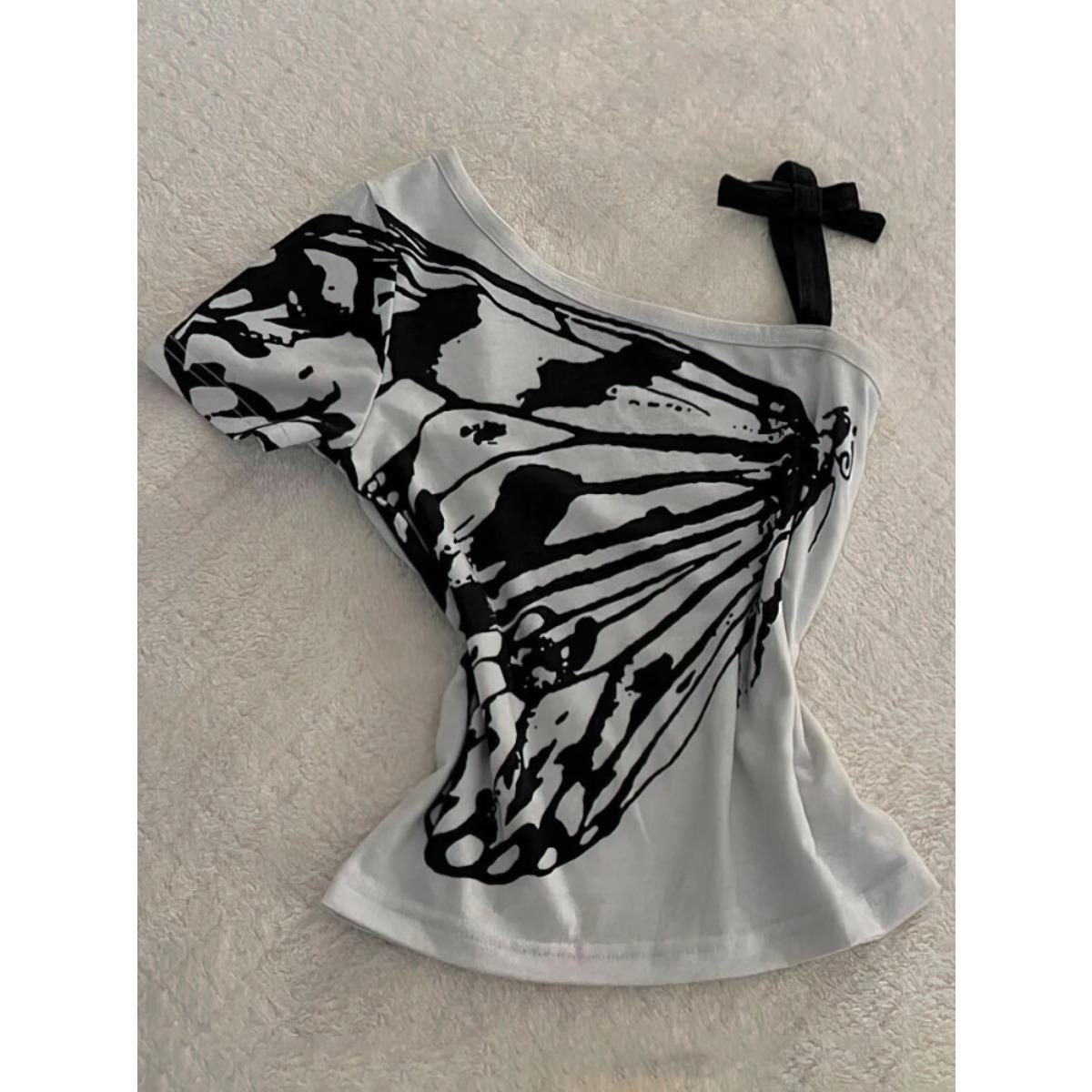 TrendHub Sexy Off Shoulder Summer T Shirt Women Korean Harajuku Aesthetic Print Short Sleeve Body Tops Female Tees Cotton Front Bow Tied S