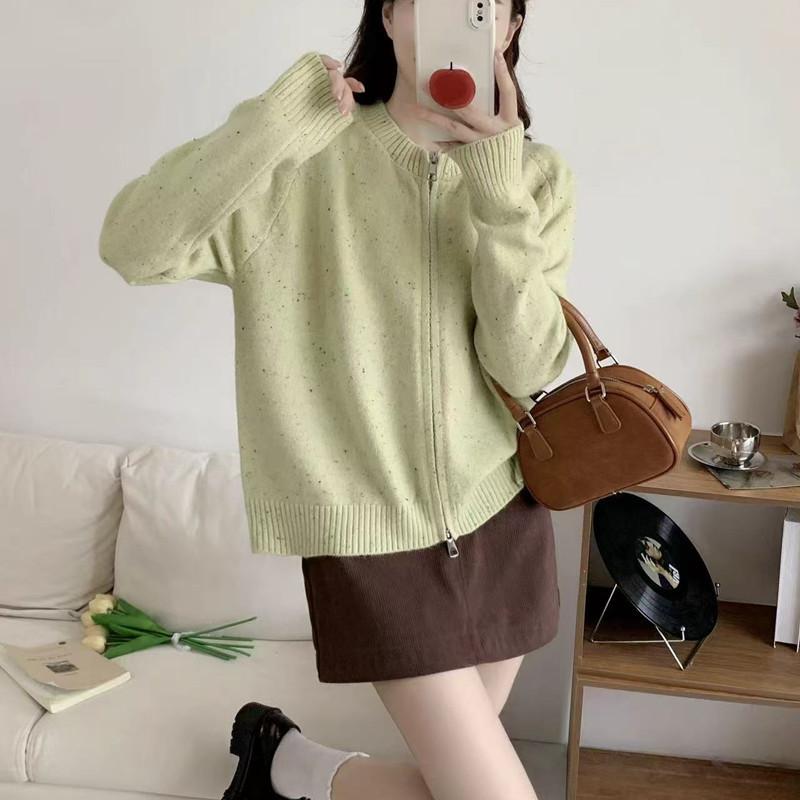 Double Zipper Autumn and Winter Knitted Cardigan Women's Lazy Soft Waxy Crew Neck Knitted Sweater New Long-sleeved Sweater Jacket Women