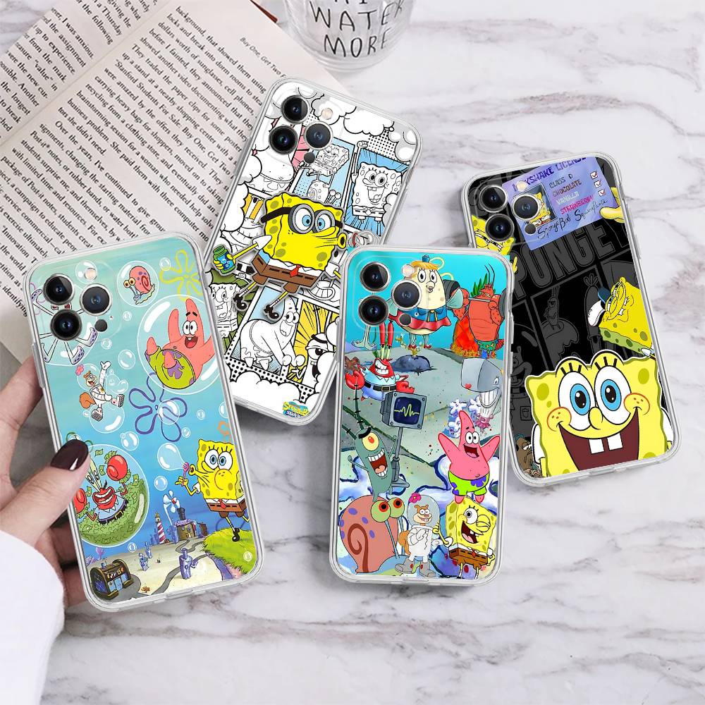 Cartoon Niedlich S-SpongeBob Anime Handyhülle Für IPhone 11 13 16 12 17 14 15 Pro Max Plus Weiche Klare Rückseite Hülle
