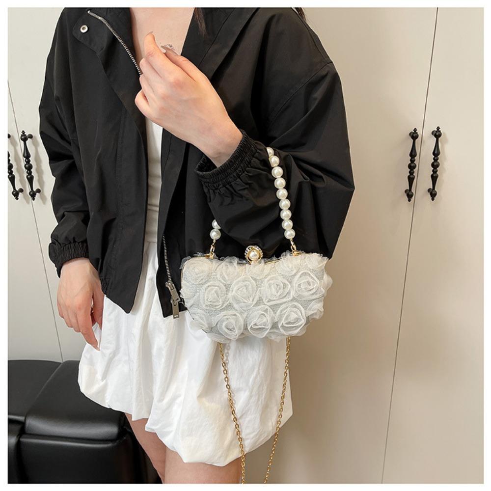 New Lace Flower Evening Bag Pearl Chain Clip Shell Bag Women Crossbody Bag