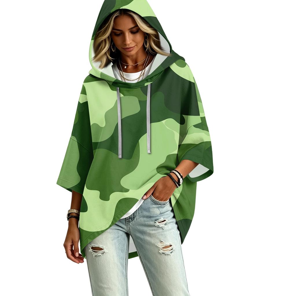 Damen lässiger Kapuzenpullover mit Camouflage-Print und Dreiviertelärm