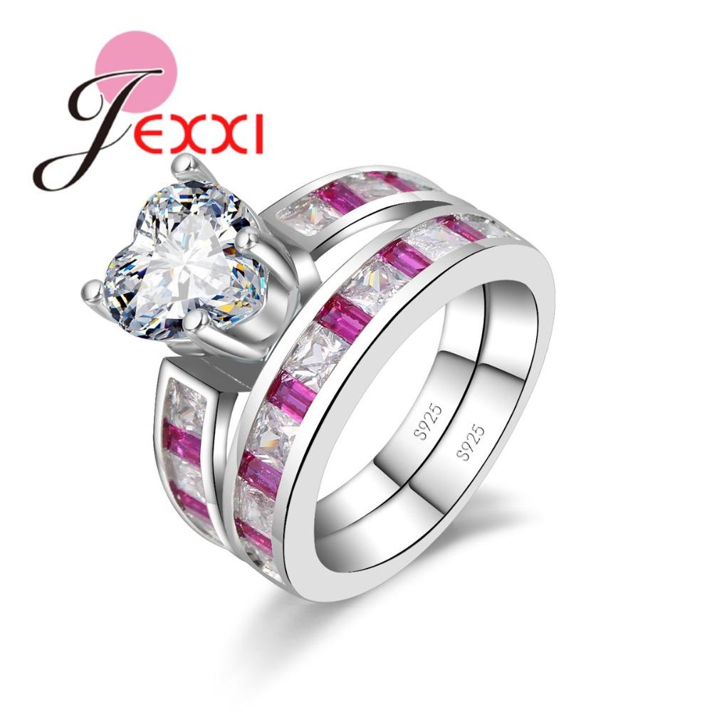 

Stamped Silver Color Wedding Bridal Sets For Women With Heart Crystal Cubic Zirconia Engagement Ring Jewelry 6