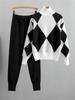 European Fashion Plaid Knitted Sweater Set - Women's Casual Two-Piece