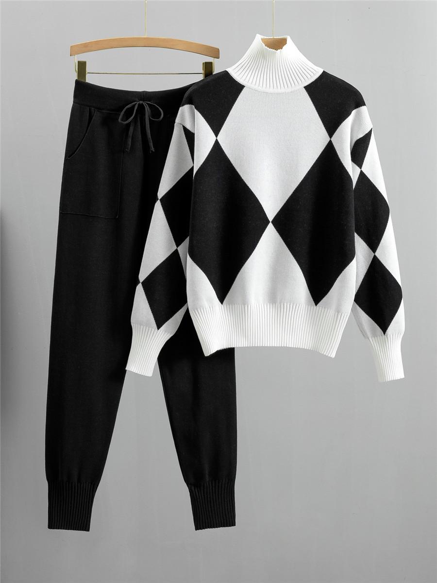 

European Fashion Plaid Knitted Sweater Set - Women s Casual Two-Piece S чёрный
