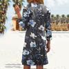 Women's Fashionable V-Neck Button Seven Part Cuff Pocket Floral Dress