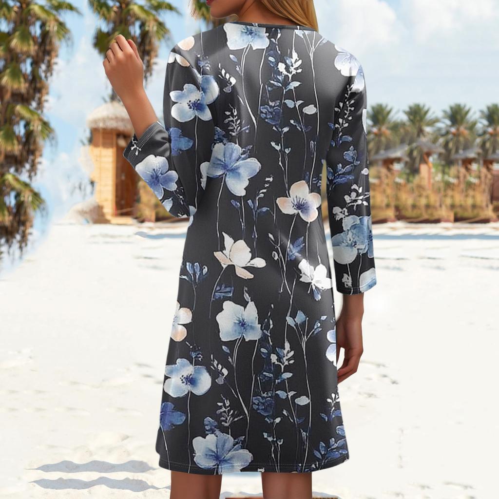 Women's Fashionable V-Neck Button Seven Part Cuff Pocket Floral Dress