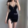 Korean Velvet Lace Patchwork Spaghetti Strap Mini Dress – Slim Fit Black Suede Temperament Dress for Women European & American Fashion.