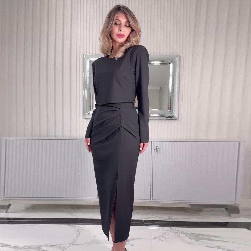 

2024 Autumn Women s Ruched Waist Slimming Two-Piece Set: Short Top and Midi Skirt XXL чёрный